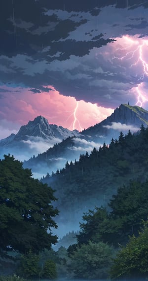 mountain view, vivid color, A lanscape, with dark cloudy sky, rainy, lightning, mountain view, beautifull scenary, no human, cumolonimbus, 