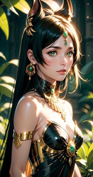 Best quality, Masterpiece, Ultra High Resolution, (Fidelity:1.2), (Realistic:1.3), 1woman, mature Egyptian woman, green eyes, black hair flaps, portrait, solo, upper body, looking at viewer, detailed background, detailed face, ancient Egyptian theme, feral jungle warrior, pink tribal clothing, obsidian, defensive stance, stone knife, bushes, poisonous plants, rocks,  humid climate, darkness, cinematic atmosphere,
dark chamber, dim light ,(golden and green tone:0.5)
(35mmstyle:1.1), front, masterpiece, cinematic lighting, photo-realistic, high frequency details, 35mm film, (film grain), film noise,Shiny_skin,egyptian,full body,sangonomiya kokomi (sparkling coralbone)