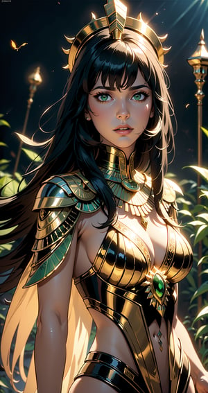 Best quality, Masterpiece, Ultra High Resolution, (Fidelity:1.2), (Realistic:1.3), 1woman, mature Egyptian woman, green eyes, black hair flaps, portrait, solo, upper body, looking at viewer, detailed background, detailed face, ancient Egyptian theme, feral jungle warrior, pink tribal clothing, obsidian, defensive stance, stone knife, bushes, poisonous plants, rocks,  humid climate, darkness, cinematic atmosphere,
dark chamber, dim light (zentangle, mandala, tangle, entangle), (golden and green tone:0.5)
(35mmstyle:1.1), front, masterpiece, 1970s film, cinematic lighting, photo-realistic, high frequency details, 35mm film, (film grain), film noise,Shiny_skin,egyptian,full body