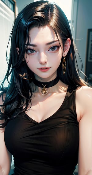 Masterpiece, best quality, realistic, 1woman, smug and mischievous pretty young woman, 16 years old, ((close mouth)), extremely detailed, a little distance, portrait, ((black eyes)), ((straight no bang black hair)), 4K, evil look. Thick eyebrow, smirk