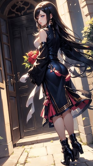 Anime,Alice, anime style, blue eyes, dark Green dress with a karset, white small skirt, black green sleeves, black green glove on the right hand, Gold bows on the forearms, long black boots ending with royal trims, yellow with blue stones tied, blond hair, yellow coat, stetson with black and yellow roses,n_2b,asian girl,long skirt,high_school_girl,Android_18_DB,defTifa,kirara /(genshin impact/)