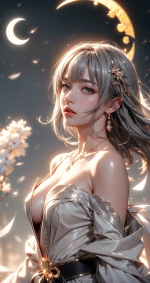 super high quality, masterpiece, Perfect illustration, Very detailed (Exquisite light and shadow, Very dramatic photo,Backlight) , ((Gray Hair:1.5))1 girl, alone, (Wearing Han clothes, Royalty、Black and white Hanfu,Thick fabric,Long sleeve) Flower Field, Flowers, (White smoke、Crescent Moon:1.3) (Realistic:1.4), Zen Intertwining, Tangled, Official Art, unity 8k wallpaper, Very detailed, Beautiful and beautiful, masterpiece, highest quality, (Dynamic Angle: 1.4), Glowing Skin, (Floating colorful flashes: 1) The most beautiful chaotic shapes, elegant, Brutalist Design, Bright colors, Romantic Depth of Field Exotic_dance, half_naked、((Off the shoulder、medium breasts、Beautiful cleavage、Ruby Necklace))