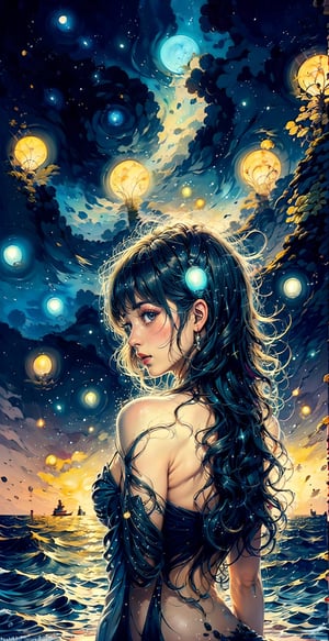（（Bestquality））, （（A Masterpiece））, （（realisti））, portraits,1girle, celestial bodies, GOD, a goddess, Light particles, Halo, looks at the viewer, Firm eyes, Bare Shoulders, Chest tube parietal, Poker face,（bioluminescense：0.9 girls 5）Ocean, bioluminescense, full of energy, colorful,,,,,,,,,,,, colour, （bioluminescence, bioluminescence）,（Beautiful composition）, Cinematic Lights, Wheels within wheels, （symmetric：0.5 girls）, Whimsical,blooming,fantasy00d,EpicArt,SakuraMiko,ganyu \(genshin impact\)