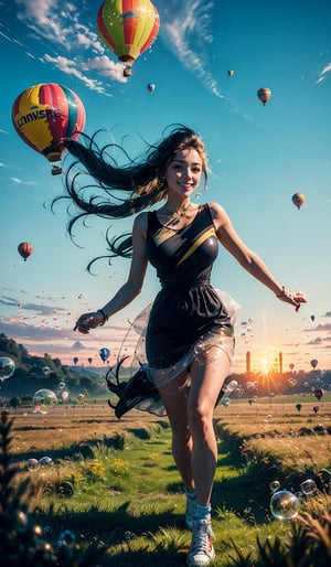 ((masterpiece)), (best quality), (cinematic, black tones), (a woman wearing a short white dress, converse shoes running through a open field), (long hair, side braid), slim, large breast, green eyes, (smile:1.2), wind:1.4, (ultra-realistic), detailed face, detailed body, red and orange skies, glitter, clouds, greenery, green plains, ((hot air balloons in the background)), (((bubbles))), (cinematic, colorful), vast field, (extremely detailed), studio ghibli inspired,EpicSky,cloud,sky,High detailed ,Detailedface