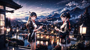 2 girl standing in a garden on a mountain,flowy short dress,lace,ornate details,big detailed eyes looking at viewers,hair ornament,floral arrangement,lanterns,4k ,windy,photorealistic,depth of field,highly detailed,quju,hanfu,shoes,kirara /(genshin impact/), playfull, happy, 2girls, new moon, goyounjung,