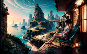 Painting girl reading book in balcony with ocean view, bright, anime background art, relaxing concept art, anime scenery concept art, immensely detailed scene, a beautiful artwork illustration, detailed scenery, environment design illustration, highly detailed scene, beautiful anime scene, anime scenery, detailed soft painting,realistic, environment painting, EpicSky, coffeeyadream, vibrance color,