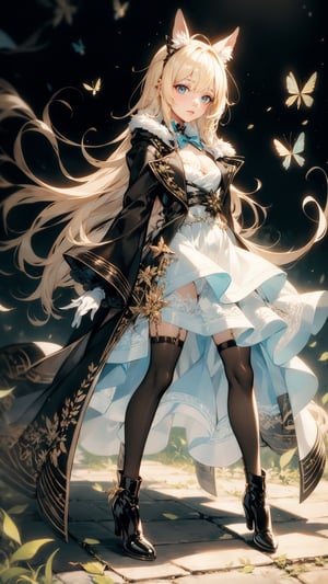 Anime,Alice, anime style, blue eyes, dark Green dress with a karset, white small skirt, black green sleeves, black green glove on the right hand, Gold bows on the forearms, long black boots ending with royal trims, yellow with blue stones tied, blond hair, yellow coat, stetson with black and yellow roses,n_2b