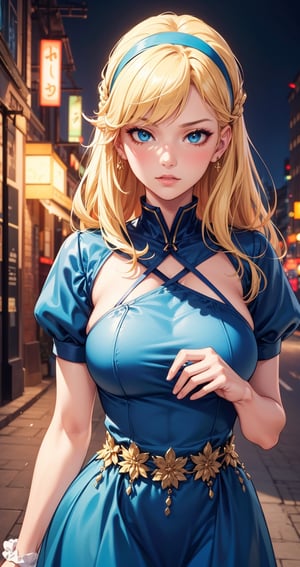 a close up of a woman in a blue dress with a white headband, artwork in the style of guweiz, ig model | artgerm, extremely detailed artgerm, hyper realistic anime, soft portrait shot 8 k, artgerm. anime illustration, in the art style of bowater, blonde - haired princess, 8k artgerm bokeh