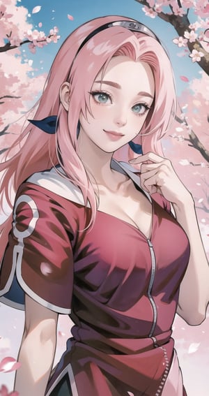 masterpiece, Best quality at best, 1girll, Sakura Haruno, Large breasts,Off-the-shoulder attire,（cleavage),（upperbody closeup),Raised sexy, smile,with pink hair, long whitr hair, （Green eyeballs:1.4), Forehead protection, the cherry trees,Cherry blossoms flying,Red clothes, Sakura Haruno,haruno sakura