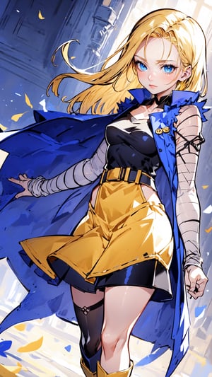 Anime,Alice, anime style, blue eyes, dark Green dress with a karset, white small skirt, black green sleeves, black green glove on the right hand, Gold bows on the forearms, long black boots ending with royal trims, yellow with blue stones tied, blond hair, yellow coat, stetson with black and yellow roses,n_2b,asian girl,long skirt,high_school_girl,Android_18_DB