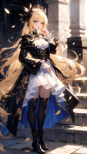 Anime, aristocratic woman, anime style, blue eyes, dark blue dress with a karset, white small skirt, black sleeves, black glove on the right hand, blue bows on the forearms, long black boots ending with royal trims, yellow with blue stones tied, blond hair, yellow coat, stetson with black and yellow roses,n_2b