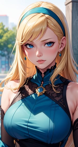 a close up of a woman in a blue dress with a white headband, artwork in the style of guweiz, ig model | artgerm, extremely detailed artgerm, hyper realistic anime, soft portrait shot 8 k, artgerm. anime illustration, in the art style of bowater, blonde - haired princess, 8k artgerm bokeh