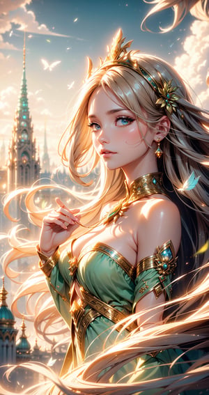 ((serene girl)) A city on clouds, with flowing hair,detailed face, detailed eyes, detailed hands, vivid and lively surroundings, tall and elegant buildings, airships in the sky, enchanting gardens, calm and tranquil mood, magical atmosphere, benevolent deity's reign over a sky kingdom, inhabitants living harmoniously with nature, distinct and beautiful architectural style, breathtaking landscape.