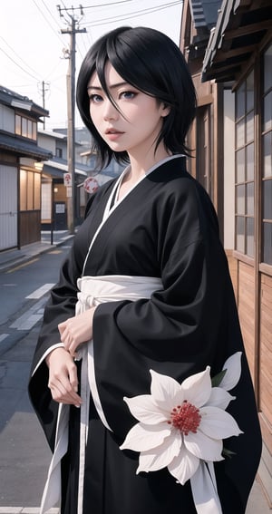 thick outlines, comics, photorealistic, 1girl, solo, ice, kuchiki_rukia, black kimono, japanese town, detailed background, detailed face, detailed eyes, ,kuchikirukia