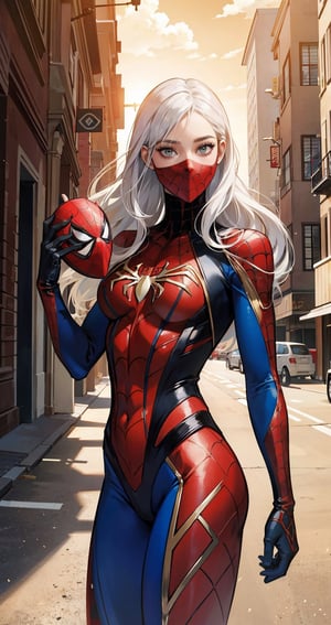 Masterpiece, super detailed , high quality, photorealistic photograph of a woman in Spiderman suit, made of Iron macha, no strecthes Red and Gold color combination,  high contrast, maximalist, super detailed, rough detailed suit ,sunkissed beauty, standing in abondoned building, vivid colors, long hair, soft silky smooth oily skin, beautiful girl, detailed maximalist background, inspiration from Marvel Spiderman. white hair, american girl, gorgeous beauty, (holding spiderman Mask in hand__),spideyadv2