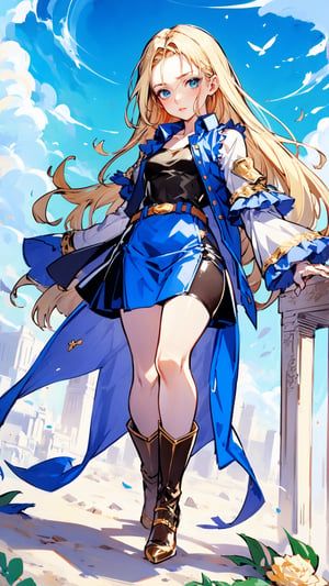 Anime,Alice, anime style, blue eyes, dark Green dress with a karset, white small skirt, black green sleeves, black green glove on the right hand, Gold bows on the forearms, long black boots ending with royal trims, yellow with blue stones tied, blond hair, yellow coat, stetson with black and yellow roses,n_2b,asian girl,long skirt,high_school_girl,Android_18_DB