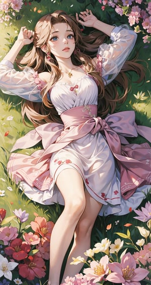 1girl, aerith gainsborough, final fantasy, lying back on flowers, from above, masterpiece, best quality, very aesthetic, absurdres,newest,ai-generated,