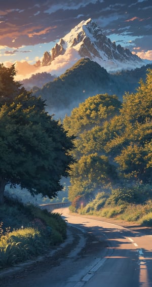 mountain view, vivid color, A lanscape, cloudy sky, gravel road, bright daylight,  mountain view, beautifull scenary, no human, cumolonimbus, detailed, 8k,  river,  morning vibes, 
