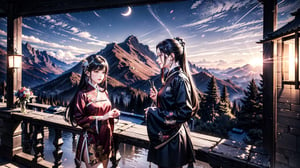2 girl standing in a garden on a mountain,flowy short dress,lace,ornate details,big detailed eyes looking at viewers,hair ornament,floral arrangement,lanterns,4k ,windy,photorealistic,depth of field,highly detailed,quju,hanfu,shoes,kirara /(genshin impact/), playfull, happy, 2girls, new moon, goyounjung, very_long_hair