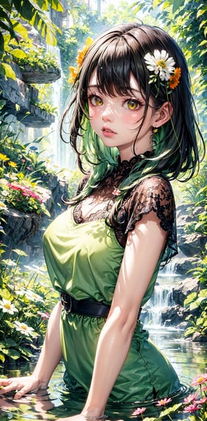 Watercolor painting, (Beautifully Aesthetic:1.2), (1girl:1.3), (colorful hair,  green/dark hair:1.2), clear water with reflection, natta, colorful, (green Lace transparent:1.2),

20-year-old girl, fairy princess, green clothes, nature clothes, nature panorama, sweet, beauty gril,

Orange and yellow anemone flowers bloom around, Anemone blooming on the head, art by mugen_ngk,High detailed ,kaede,FFIXBG