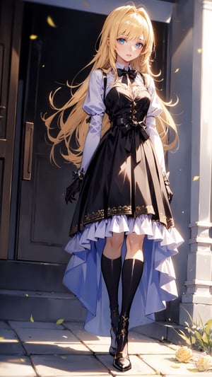 Anime,Alice, anime style, blue eyes, dark Green dress with a karset, white small skirt, black green sleeves, black green glove on the right hand, Gold bows on the forearms, long black boots ending with royal trims, yellow with blue stones tied, blond hair, yellow coat, stetson with black and yellow roses,n_2b,asian girl,long skirt,high_school_girl