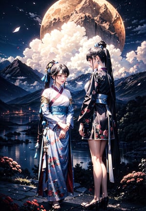 2 girl standing in a garden on a mountain,flowy short dress,lace,ornate details,big detailed eyes looking at viewers,hair ornament,floral arrangement,lanterns,4k ,windy,photorealistic,depth of field,highly detailed,quju,hanfu,shoes,kirara /(genshin impact/), playfull, happy, 2girls, fullmoon, ,goyounjung
