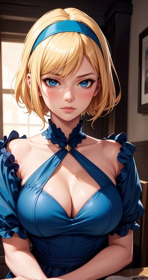 a close up of a woman in a blue dress with a white headband, artwork in the style of guweiz, ig model | artgerm, extremely detailed artgerm, hyper realistic anime, soft portrait shot 8 k, artgerm. anime illustration, in the art style of bowater, blonde - haired princess, 8k artgerm bokeh