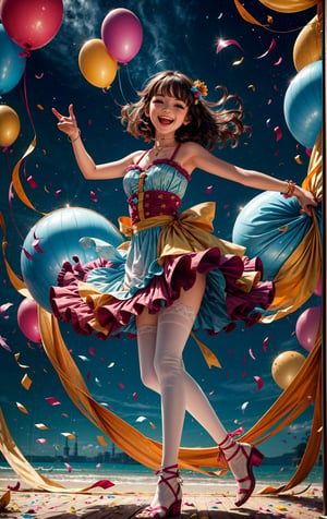 
"Generate a heartwarming and cheerful scene of cute girl character joyfully dancing to a lively tune. The character is surrounded by a colorful explosion of confetti and a sky filled with floating balloons. Capture the pure joy and exuberance of this moment in a heartwarming and adorable illustration.", High detailed, detail_face, perfect hand, 1girl, solo,full_body,