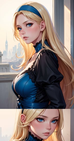 a close up of a woman in a blue dress with a white headband, artwork in the style of guweiz, ig model | artgerm, extremely detailed artgerm, hyper realistic anime, soft portrait shot 8 k, artgerm. anime illustration, in the art style of bowater, blonde - haired princess, 8k artgerm bokeh