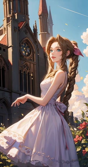 1girl, girl focus, aerith gainsborough,  final fantasy,smile ,at ruined church with a lot of flower, cloud strife falling down at background, masterpiece, best quality, very aesthetic, absurdres,newest,ai-generated,intricate