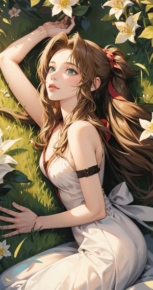 1girl, aerith gainsborough, final fantasy, lying back on flowers, from above, masterpiece, best quality, very aesthetic, absurdres,newest,ai-generated,aerith gainsborough