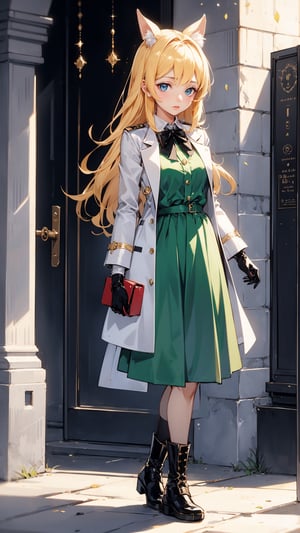 Anime,Alice, anime style, blue eyes, dark Green dress with a karset, white small skirt, black green sleeves, black green glove on the right hand, Gold bows on the forearms, long black boots ending with royal trims, yellow with blue stones tied, blond hair, yellow coat, stetson with black and yellow roses,n_2b,asian girl,long skirt,high_school_girl