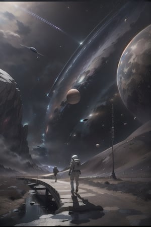 ((8k,  best quality,  masterpiece,  ultra highres:1.2) 
a woman walking a path from one planet to another in space suit on a bridge, amazing view, nebula in space, astronaut, connectedness, assamese aesthetic, photograph of space, the milk way galaxy, starry background, photo realisitc, space nebulas, walkway, cinematic-shot,FFIXBG,DonMC3l3st14l3xpl0r3rsXL,outside, dark-background,xyzabcplanets