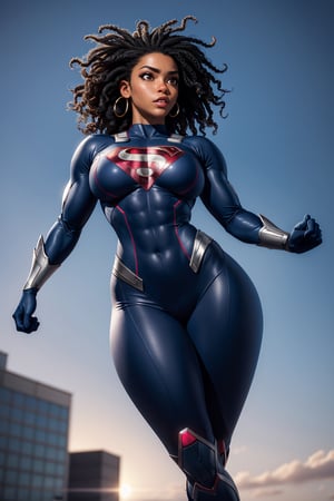 wowdk, glowing eyes, large_breasts, wide_hips, large_thighs, athletic, dynamic lighting, best quality, masterpiece, detailed eyes, detailed face, HDR, ultra resolution, black woman, fit muscular body, full_body, curly_hair, superhero, attracive 20yr old black woman floating high in the sky wearing superhero costume, sky_scene,