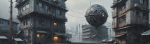 It generates a high-quality cinematic image by Simon Stålenhag, (panoramic view), sci-fi landscape, extreme details, ultra definition, extreme realism, high-quality lighting.

The viewer finds a small strange spherical high-tech artifact that crashed in a distopic cyberpunk downtown neighborhood, the doomsday has started, some intrincate detailed sci-fi futuristic buildings was built over the old buildings of a Japanese downtown neighborhood, from below.

(great composition), (aureal composition), (great art).
(scifi high tech), (mechanical aesthetic), (circuits in the walls), (High Tension Power Lines), (distopic future), (rust and decay), (mysterious alien's spaceships appear in the distance), (heavy machinery), (cyberpunk adjuncts), (wires and cables), (wind), (fog), (rich of depth).

(cinematic), (monochrome), (masterpiece), (8k), (best quality), (great artist), (realistic), (photo realistic), (fine details), (intrincate detailed), (muted colors)