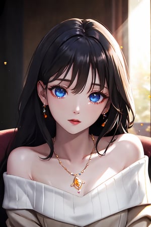 ​masterpiece、top-quality、ultra-detailliert、high-resolution illustrations、Ultra-high-definition CG、8k size wallpaper、offcial art、production art、Skin quality improvement,a girl, off-shoulder sweater, upper body,(clear face ), (Beautiful eyes like jewels:1.5)), beautiful eyes、sun glare, bokeh, depth of field, blurry background, light particles,  (heart :1.1)