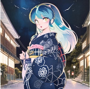 Rumiko Takahashi, 1980s \(Style\), retro artstyle, watercolor paiting、urusei yatsura,Ram、 1girl in,  eyeshadows, makeup,　blusher \(makeup\), Solo、colorful hair color,  yukata, kyoto, japan, night, Kyoto night cityscape in Japan, summer