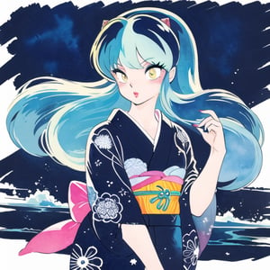 Rumiko Takahashi, 1980s \(Style\), retro artstyle, watercolor paiting、urusei yatsura,Ram、 1girl in,  eyeshadows, makeup,　blusher \(makeup\), Solo、colorful hair color,  yukata, kyoto, japan, night,