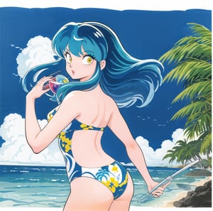 Rumiko Takahashi, 1980s \(Style\), retro artstyle, urusei yatsura,Ram、 1girl in, swim wears, eyeshadows, makeup,　blusher \(makeup\), Solo、夏天、Sea、blue-sky、the beach、fruit、watercolor paiting、Palm trees、cocktails, colorful hair color, Sun, one piece swimwear,