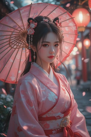 photorealism, (upper body), (portrait:1.2), KOLNB,Hanfu,Eroflo, a woman, beautiful face, pink dress, japanese umbrella, bokeh, Japanese festival street, (nigh street:1.2), depth of field, columns, temple, lanterns.
Best quality, uhd, 8k, hyper detailed,Ahri