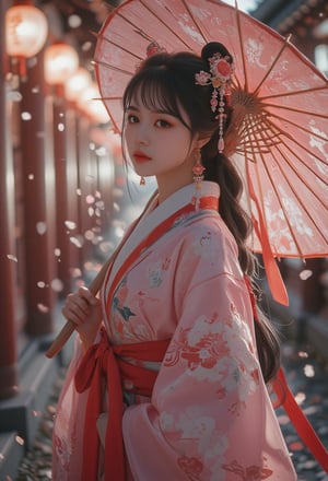 photorealism, (upper body), (portrait:1.2), KOLNB,Hanfu,Eroflo, a woman, beautiful face, pink dress, japanese umbrella,details , bokeh, Japanese festival street, (nigh street:1.2), depth of field, columns, temple, lanterns.
Best quality, uhd, 8k, hyper detailed,Ahri