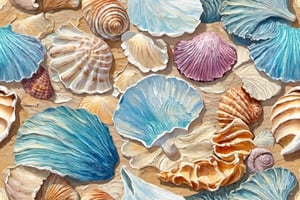 artistic oil painting stick, a sea shell, rough,(uneven),embossment, seamless pattern 