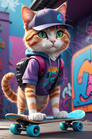 Cyberpunk style, a cat standing on a skateboard, wearing a backwards baseball cap and holding a boombox on its shoulder, confident expression, vibrant colors, graffiti-style background, edgy atmosphere, playful mood, intricate details, high-quality artwork masterful composition,wide-angle 8K resolution,Octane render,Ray-tracing,HDR