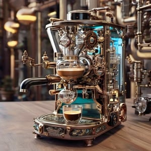 made of glass coffe-machine, details, steampunk style, augmented, metal_body, beautiful_colours, HZ Steampunk