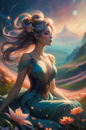 A wanderer from the celestial dimensions Soraka, Darkness graces every curve, Elegance in gloom. Divine proportion. Loish Anne Bachelier style, 32k, sitting on a field of flowers, looking up, ethereal form, voluptuous, messy bun hair, french kace flowing deep V dress, Fantasy Dream Art, reminiscent of a blend between deco steampunk and futuristic aesthetics, mist silhouette, windy, mysterious, glossy hair, earthy, vivid, Abstract Neoralism, dark angle, HDR, 500px, FUJIFILM, bokeh