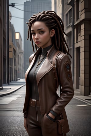 An African-American youth girl in dystopian attire, steampunk style, dreadlocks hairstyle, hyperrealism, photorealistic, 8k, unreal engine,<lora:659111690174031528:1.0>