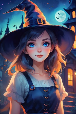1girl, halloween outfit, wearing a witch hat, haunted house, spooky atmosphere, simple, beautiful, modern watercolor style, smirk, raised left eyebrow, perfect blue eyes, bokeh background cinematic lighting