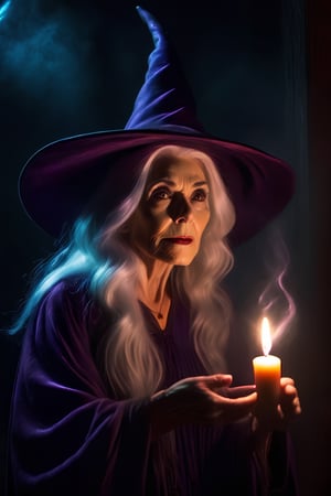 The image features a wimsical and scary witch with a wrinkled face, long white hair, and a wig. She is wearing a witch's hat and a long robe, and she appears to be casting a spell or performing a ritual. The witch is holding a candle in one hand, which adds to the eerie atmosphere of the scene. The combination of her wimsical and scary appearance creates a unique and intriguing character that captures the viewer's attention.,Movie Still,photo r3al