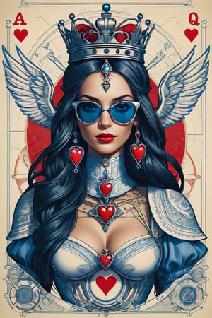Mechanical Blueprint Poster: Queen of Hearts Playing Card,  Detailed Technical Schematics and authentic blueprints meticulously outline the build of a woman with long, dark hair, tattoos, wings and a simple minimalistic crown on her head, sunglasses. Printed in precise white ink on authentic blueprint paper, these comprehensive plans unveil the intricacies of creating a human form. A thoughtful gift from your local community, explore Extreme Technical Detail, reminiscent of traditional Illustration drafting, rendered in high-resolution 16k, to foster a clear understanding, poster, illustration, typography, conceptual art, dark fantasy