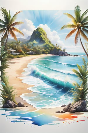 beach scene, vanishing point on white paper, utra realistic photograph portraying a subtle pacific island image, realistic details, watercolor splash art incorporated as complimentary elements, poster, 3d render, photo,tshirt design